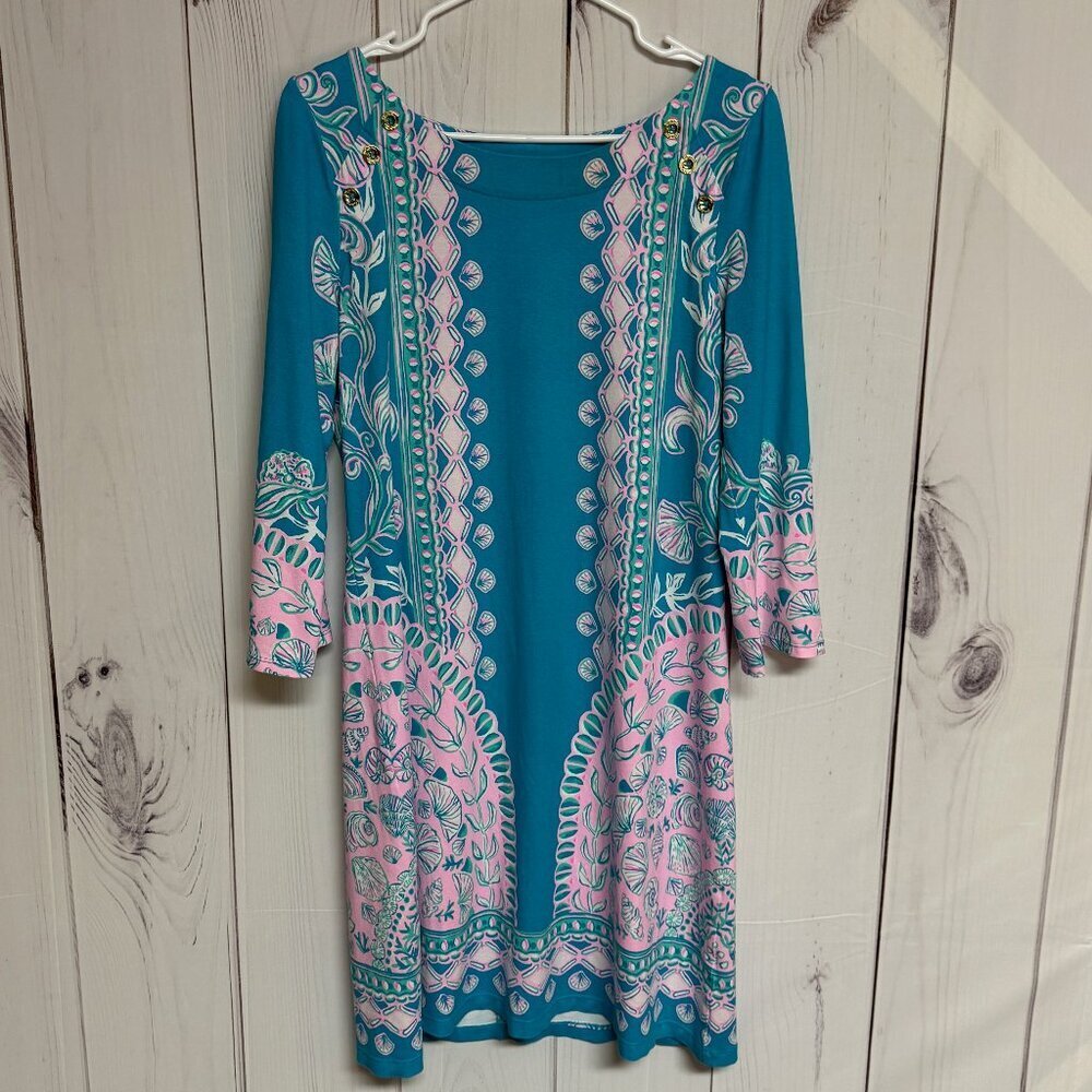 Lilly Pulitzer Tana Dress M Turquoise “Water Ya Waiting” UPF 50 EUC